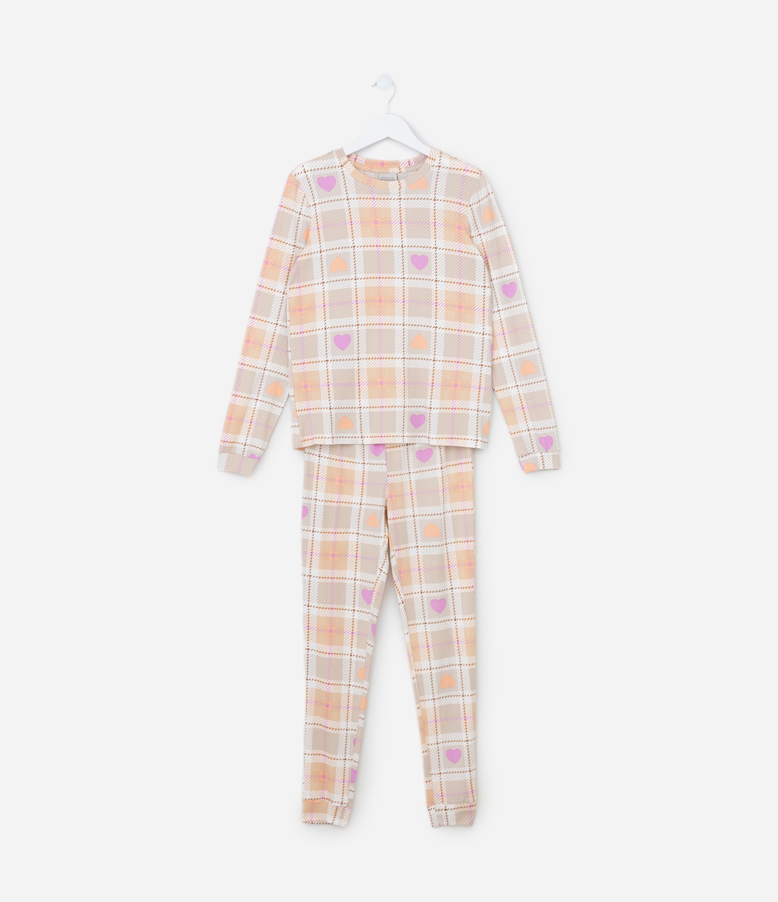 Pijama Longo Infantil com Toque Suave e Estampa Xadrez - Tam 5 a 14 Anos Bege/Laranja 1