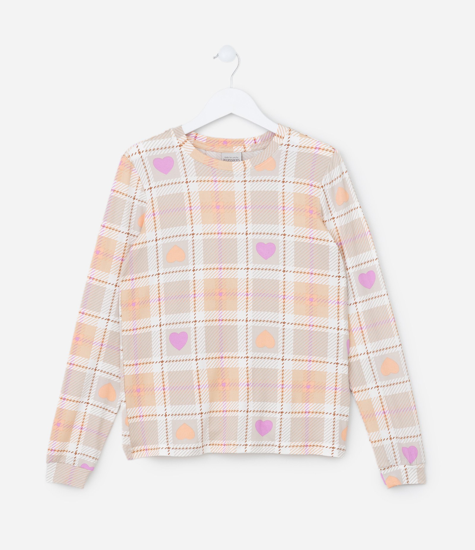 Pijama Longo Infantil com Toque Suave e Estampa Xadrez - Tam 5 a 14 Anos Bege/Laranja 2