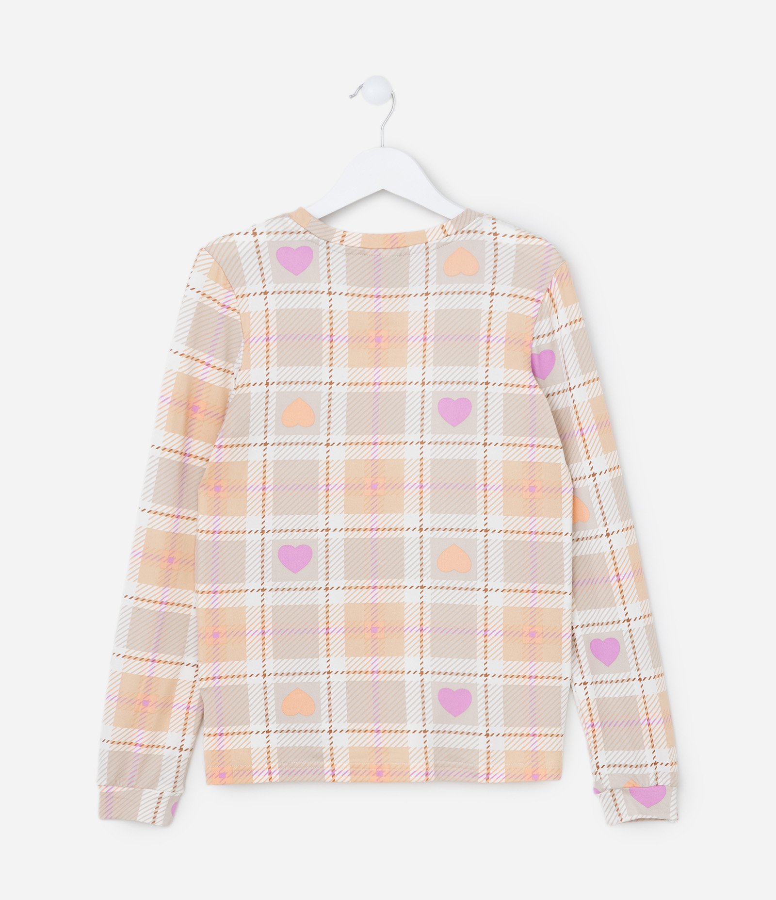 Pijama Longo Infantil com Toque Suave e Estampa Xadrez - Tam 5 a 14 Anos Bege/Laranja 3