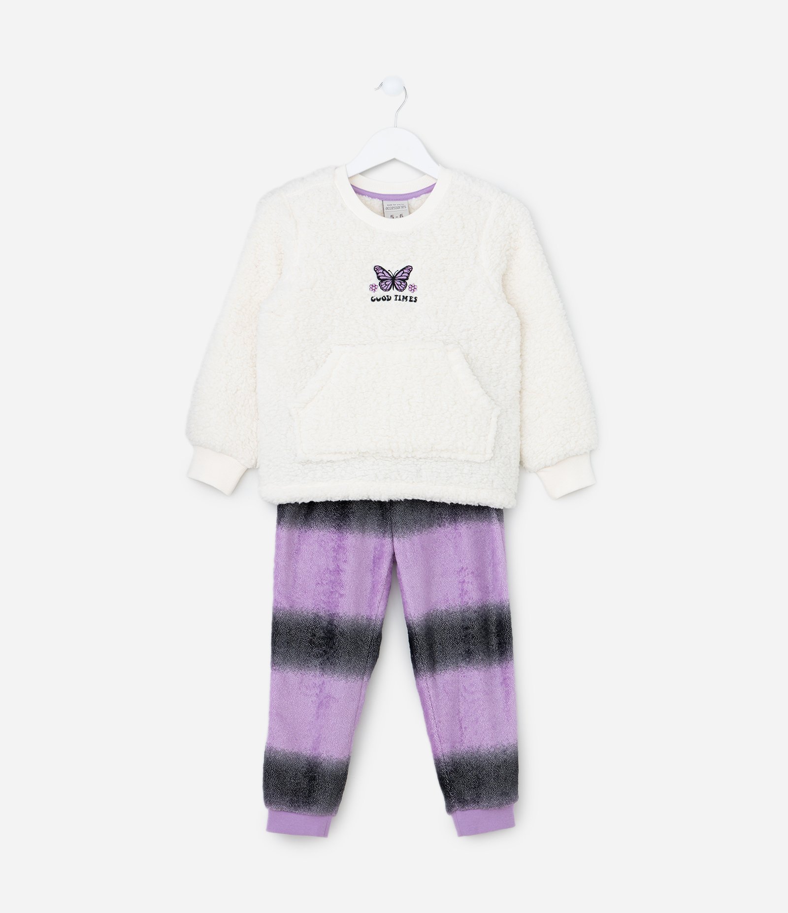 Pijama Infantil em Sherpa com Bordado Borboleta - Tam 5 ao 14 Bege/Roxo 1
