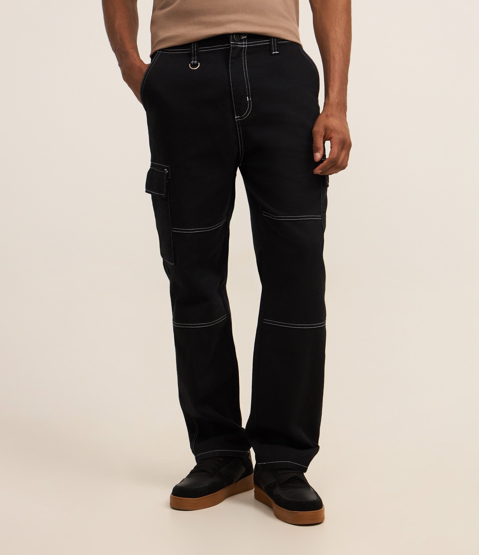 Calça Baggy em Sarja com Pespontos Contrastantes Preto 2