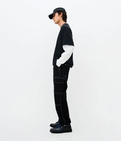 Calça Baggy em Sarja com Pespontos Contrastantes Preto