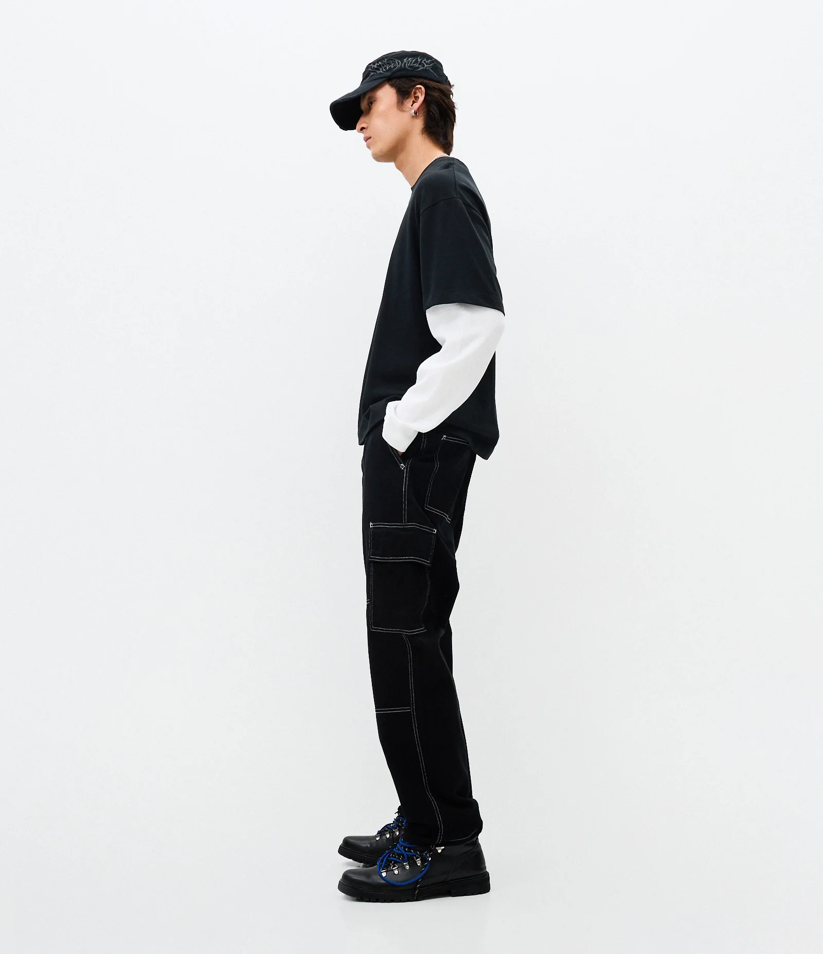 Calça Baggy em Sarja com Pespontos Contrastantes Preto 1