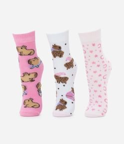 Kit 03 Meias Infantis em Algodão Estampa Capivara 0 Tam 23 ao 34