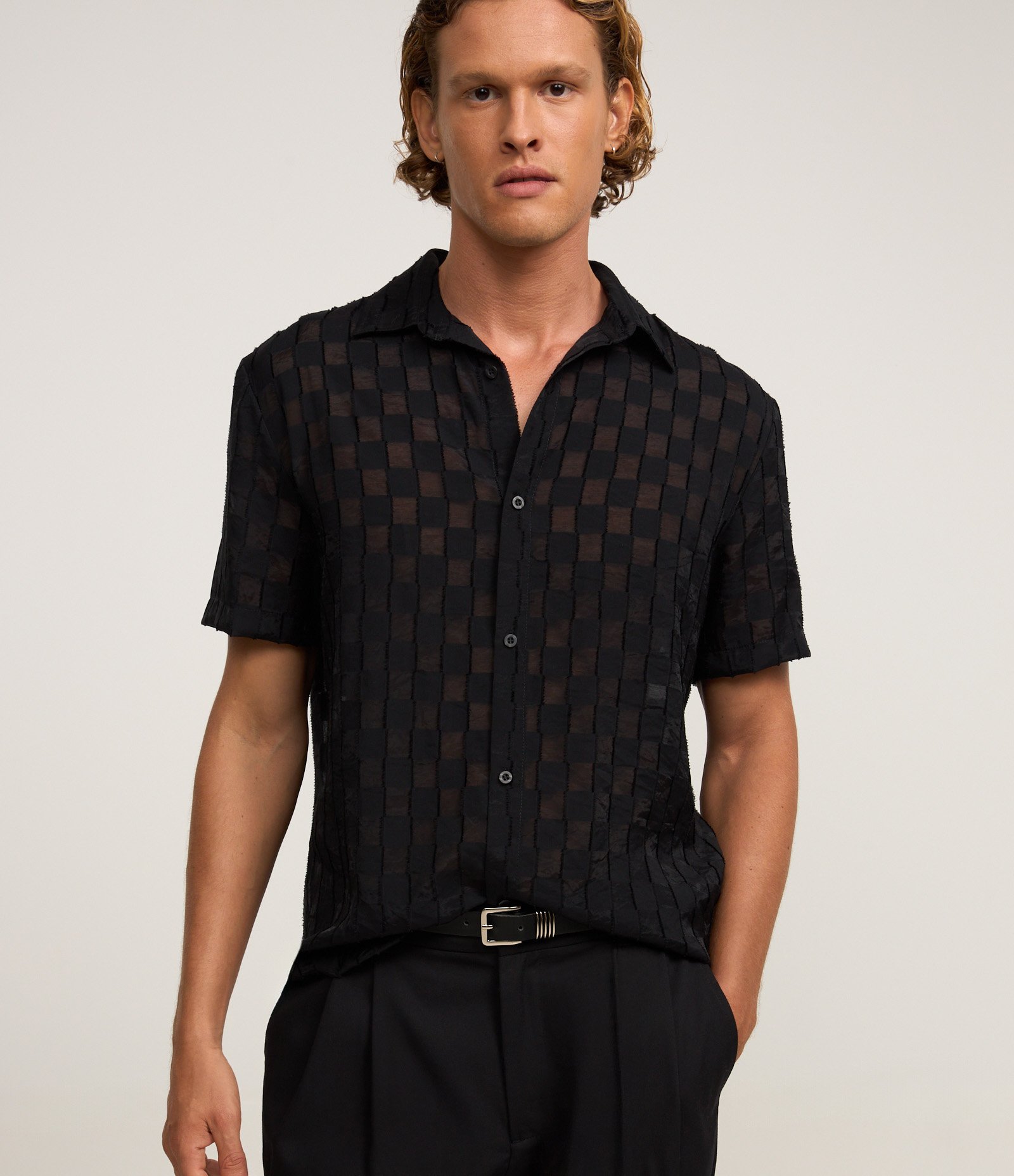 Camisa em Algodão com Estampa Xadrez e Textura Preto 1