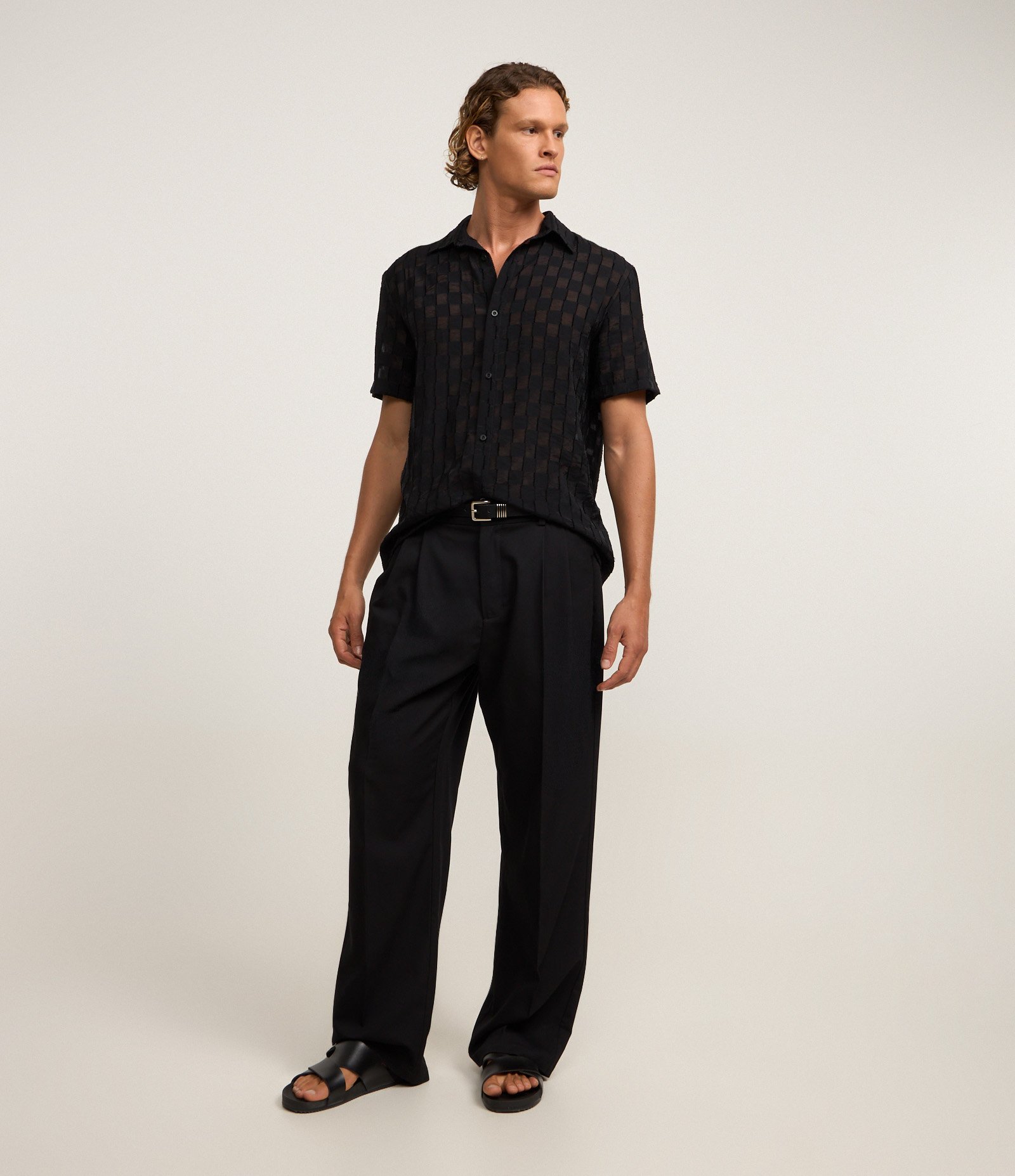 Camisa em Algodão com Estampa Xadrez e Textura Preto 2