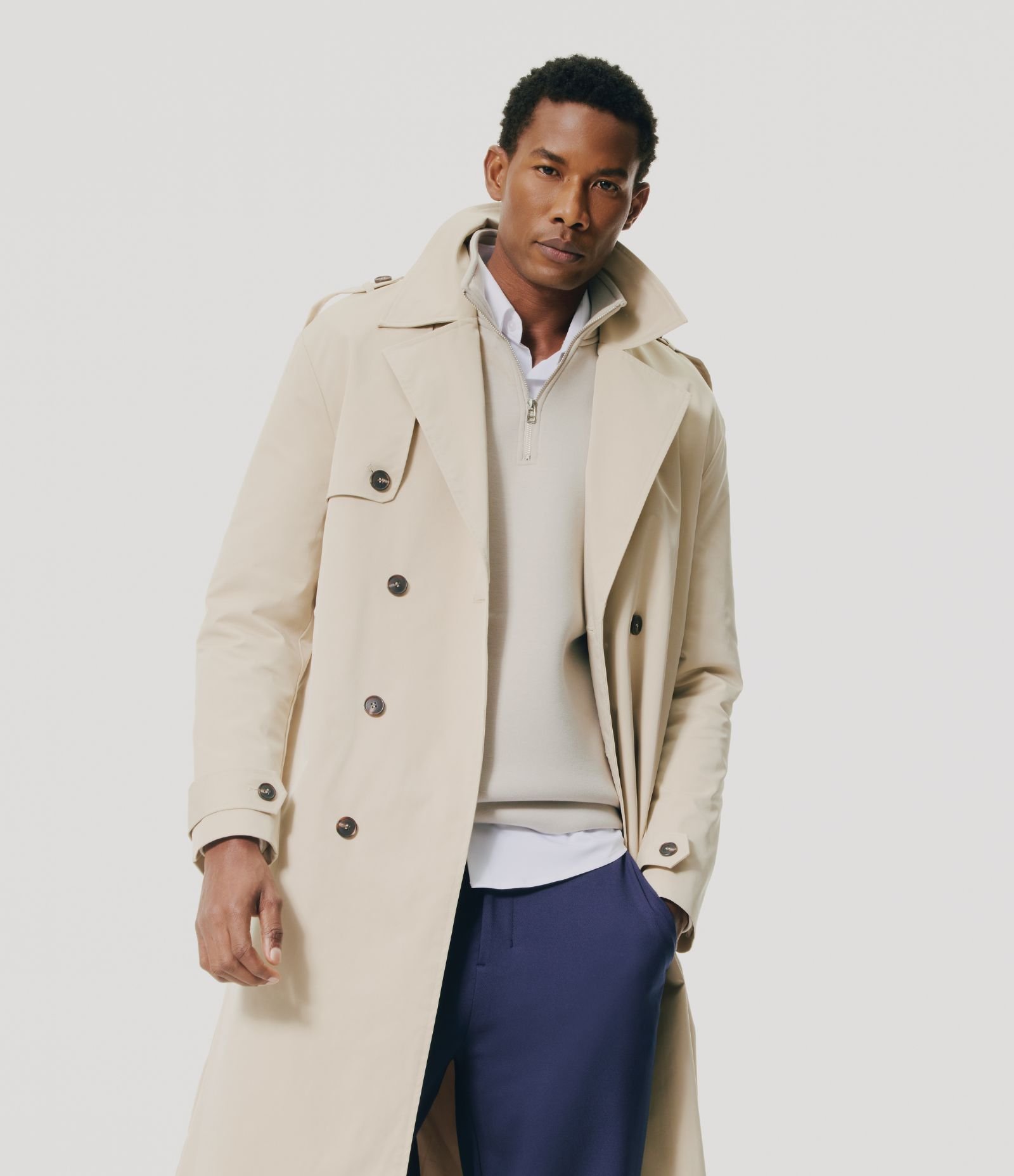 Casaco Trench Coat Alongado com Cinto Alfaiatado Bege 1