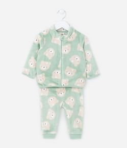 Conjunto Longo Infantil em Fleece Estampado de Ursinha - Tam 0 a 18 meses