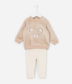 Conjunto Infantil em Fleece com Bordado Carinha de Urso - Tam 0 a 18 meses