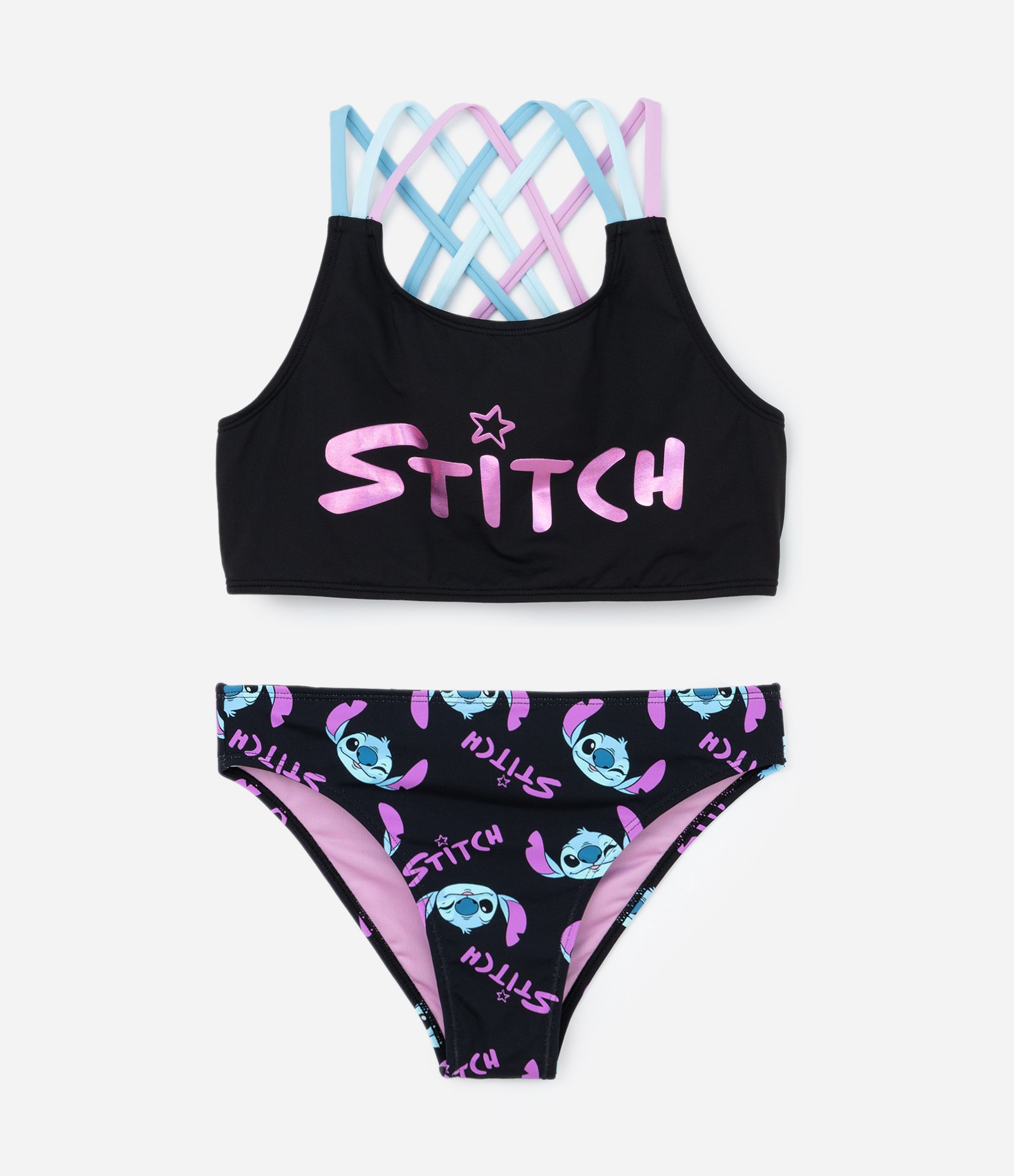 Biquíni Infantil com Tiras Trançadas e Estampa Stitch - Tam 4 a 12 Anos Preto 1