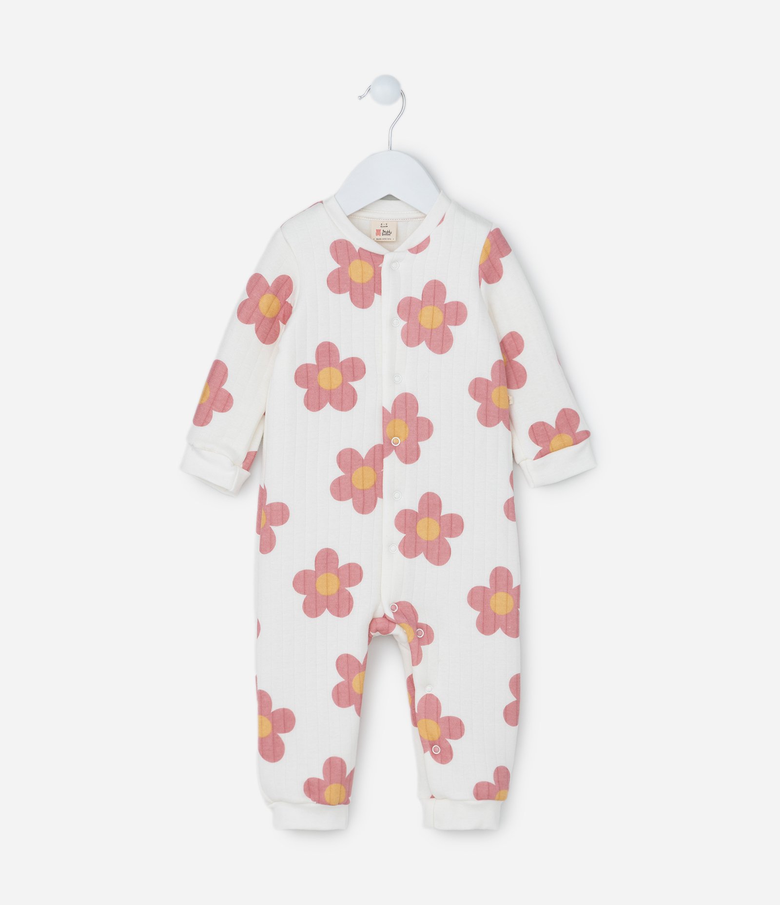 Macacão Infantil em Matelasse com Estampa Floral - Tam 0 a 18 meses Branco/Rosa 1