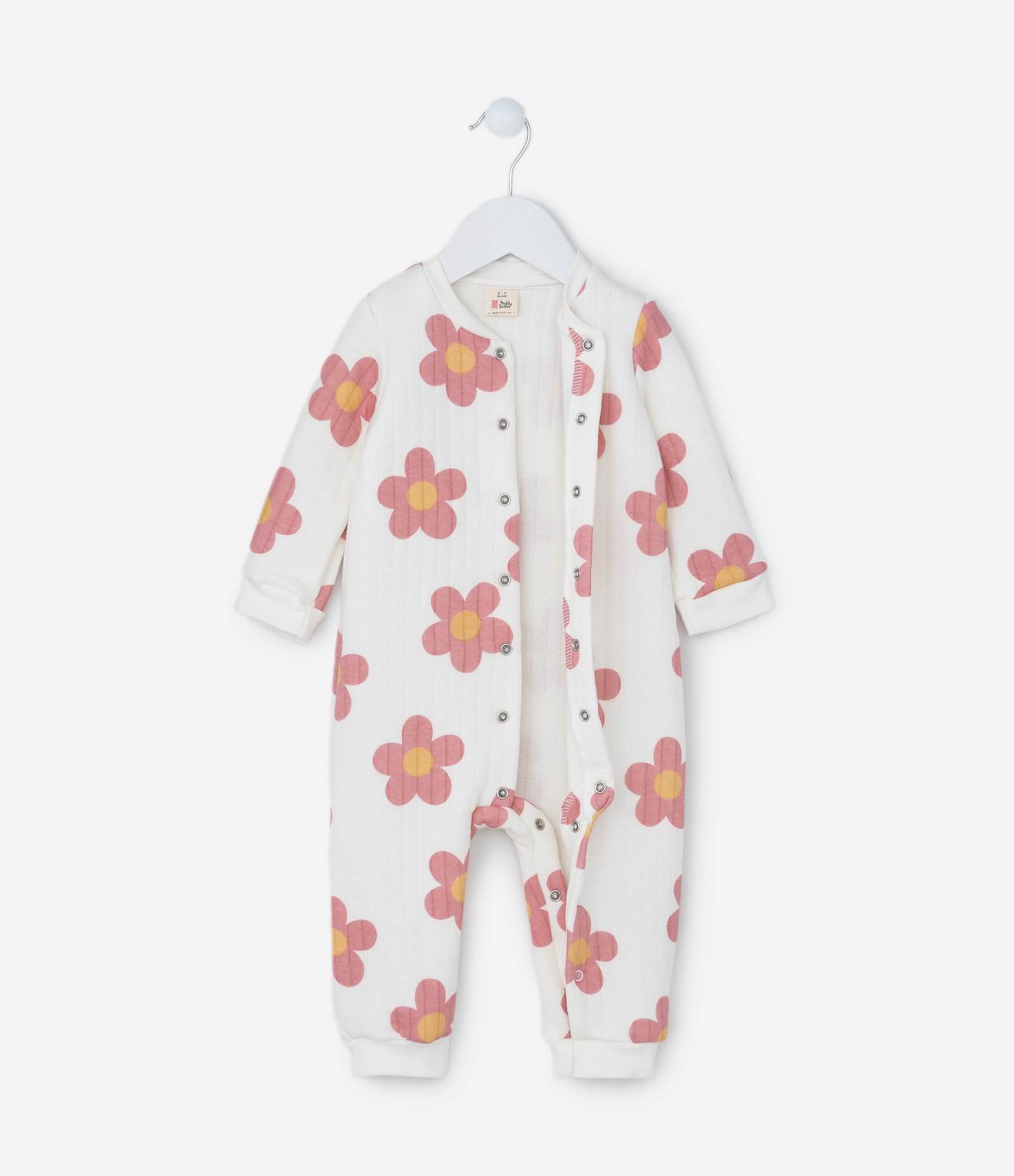 Macacão Infantil em Matelasse com Estampa Floral - Tam 0 a 18 meses Branco/Rosa 2