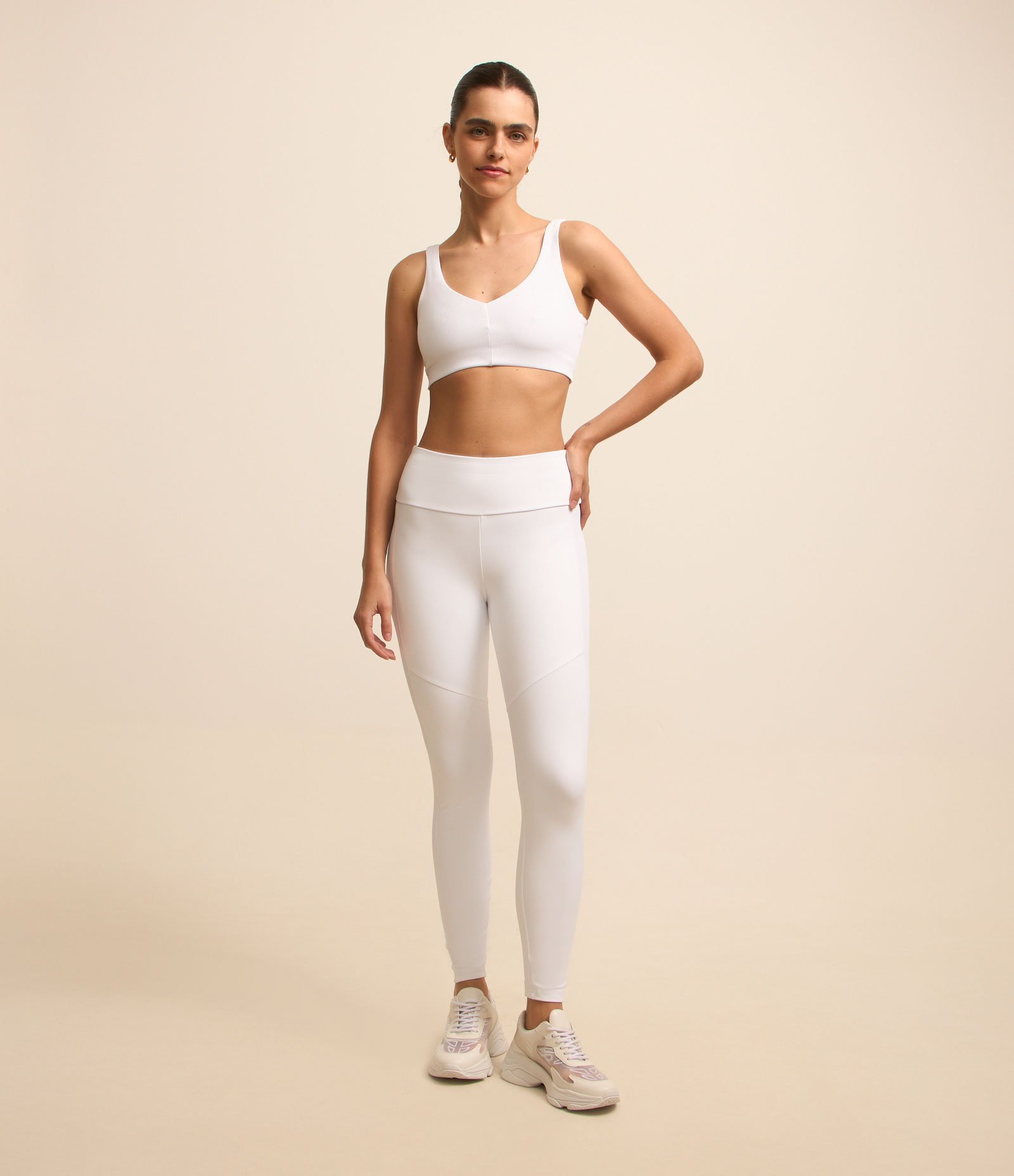 Calça Legging Esportiva com Forro e Recorte Textura Canelado Branco 1