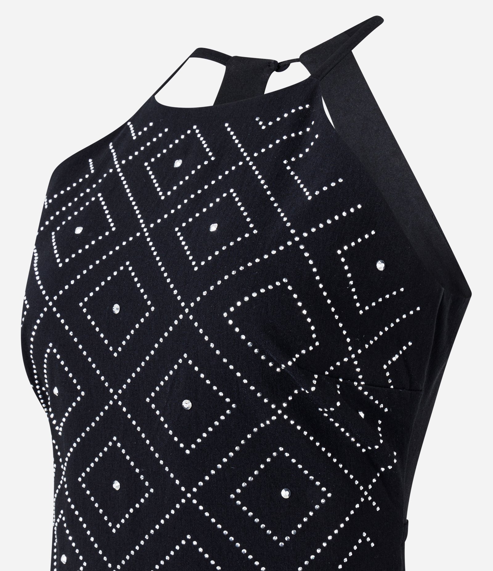 Vestido Curto em Bengaline com Decote Halter e Brilhos Aplicados Preto 6