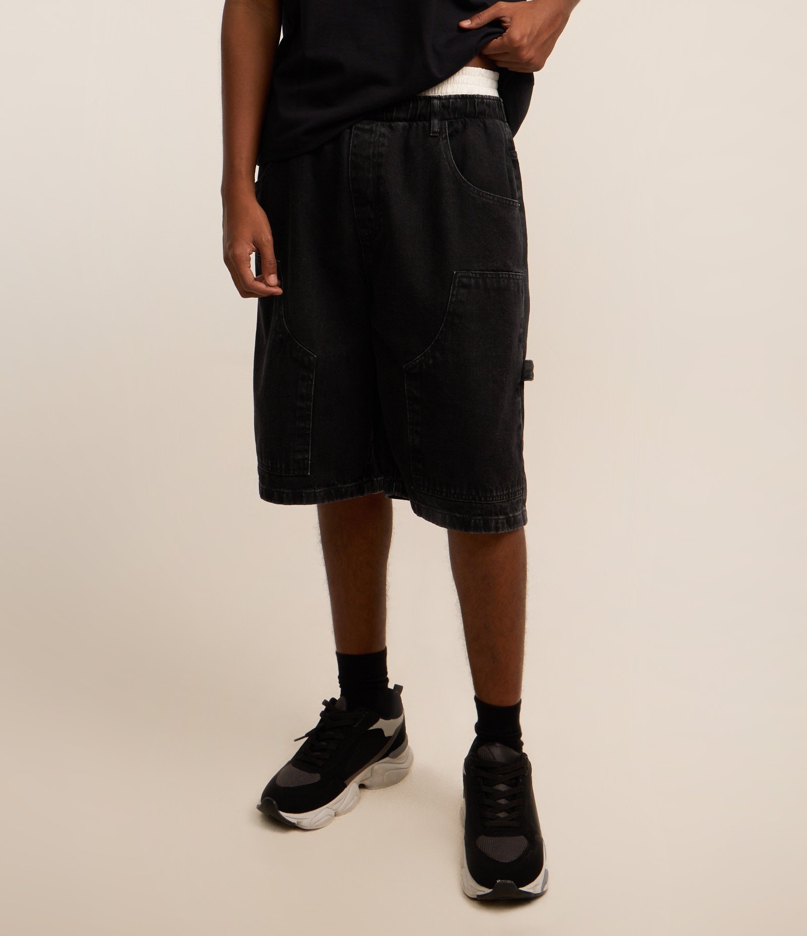 Bermuda Jorts Baggy em Jeans com Cós Cueca e Joelho Duplo Jeans Escuro 3