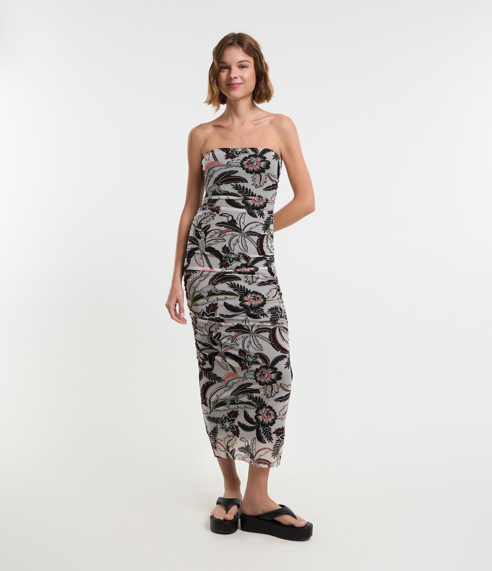 Vestido Midi em Tule com Estampa Tropical Branco 1