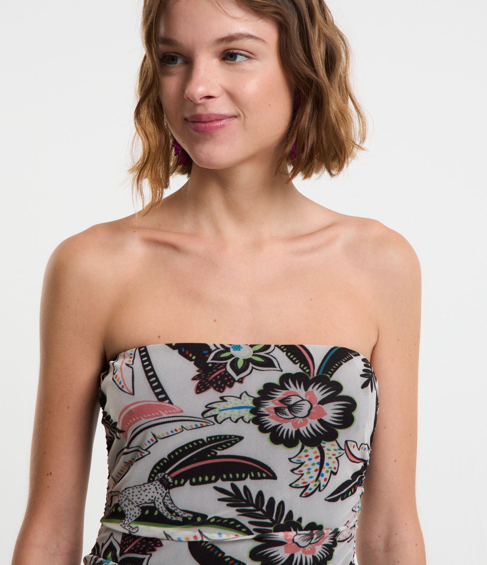 Vestido Midi em Tule com Estampa Tropical Branco 2