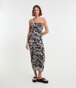 Vestido Midi em Tule com Estampa Tropical
