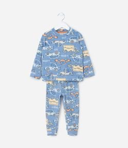 Pijama Longo Infantil em Plush com Estampa Carrinhos - Tam 2 a 8 Anos