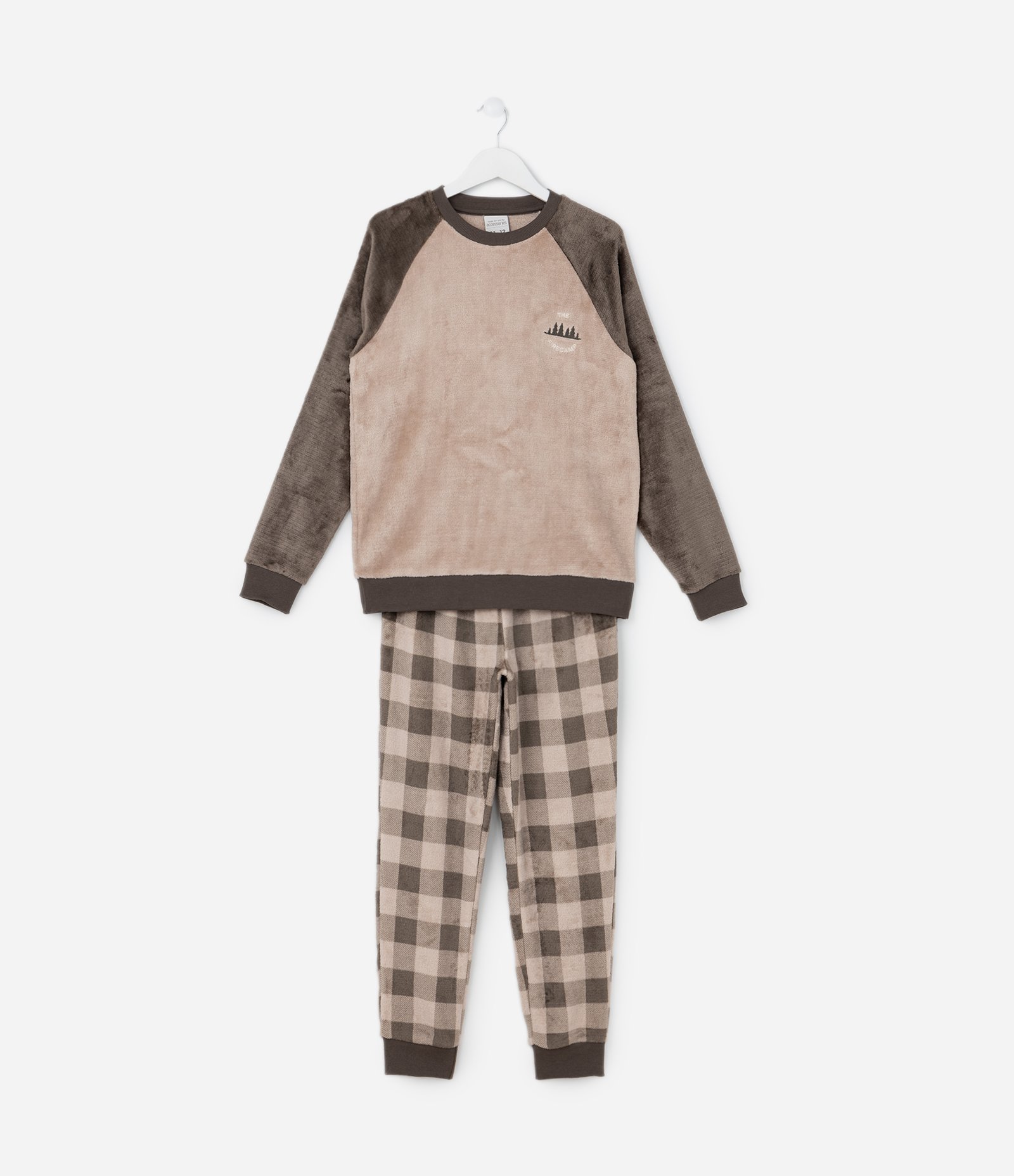 Pijama Infantil em Fleece Com Estampa Xadrez - Tam 5 a 14 Anos Marrom 1