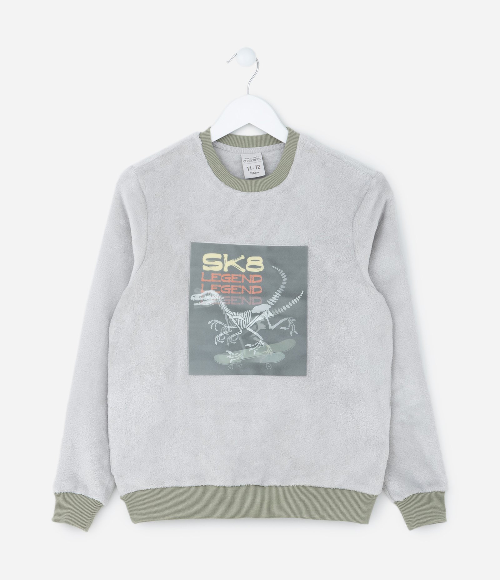 Pijama Longo Infantil com Estampa Dino Skatista - Tam 5 a 14 Anos Cinza/Verde 2