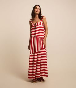 Vestido Evasê em Viscolinho Listrado com Decote Quadrado