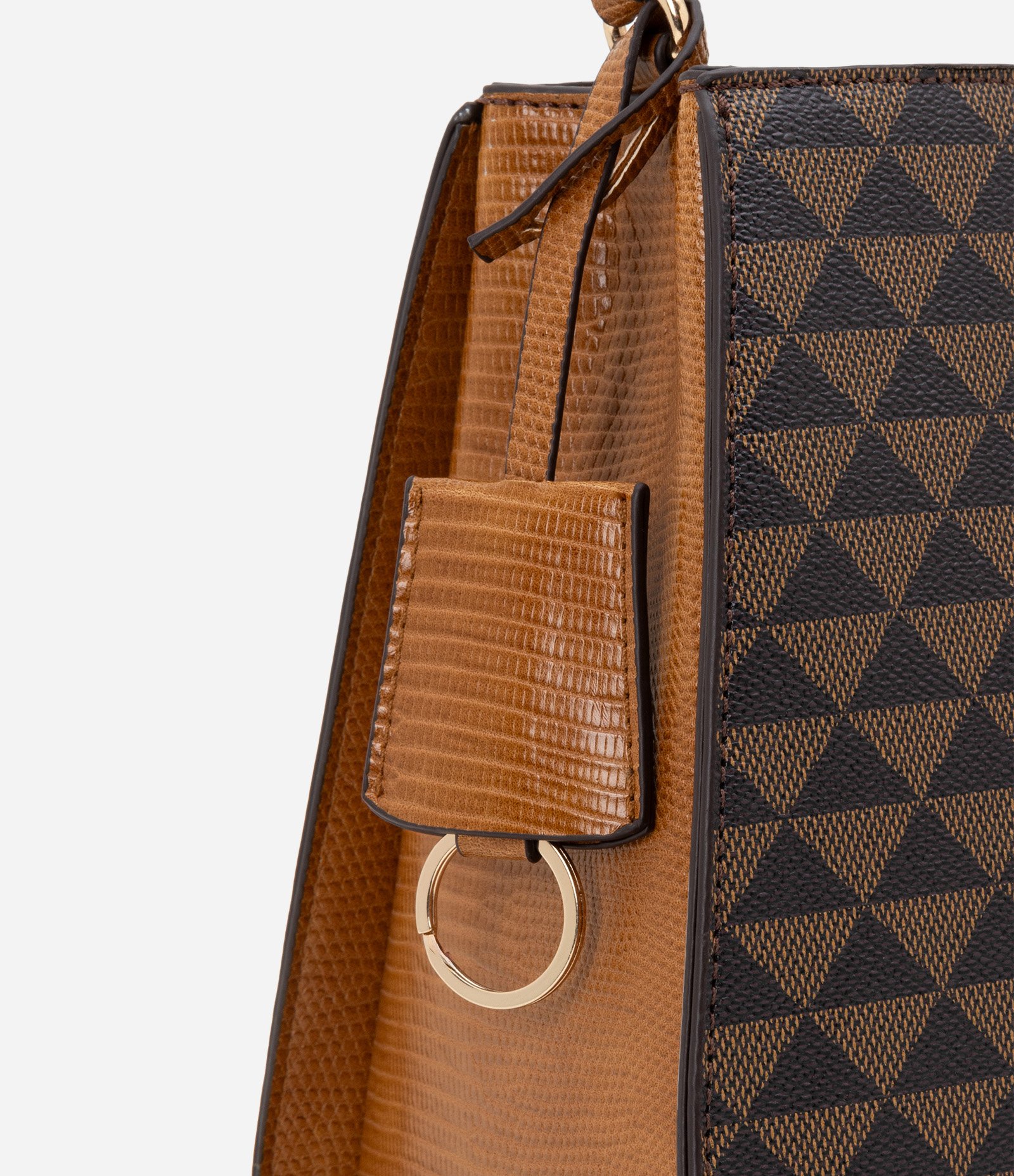 Bolsa Satchel Grande em PU Estampa Triângulo com Detalhes Lezzard Marrom 3