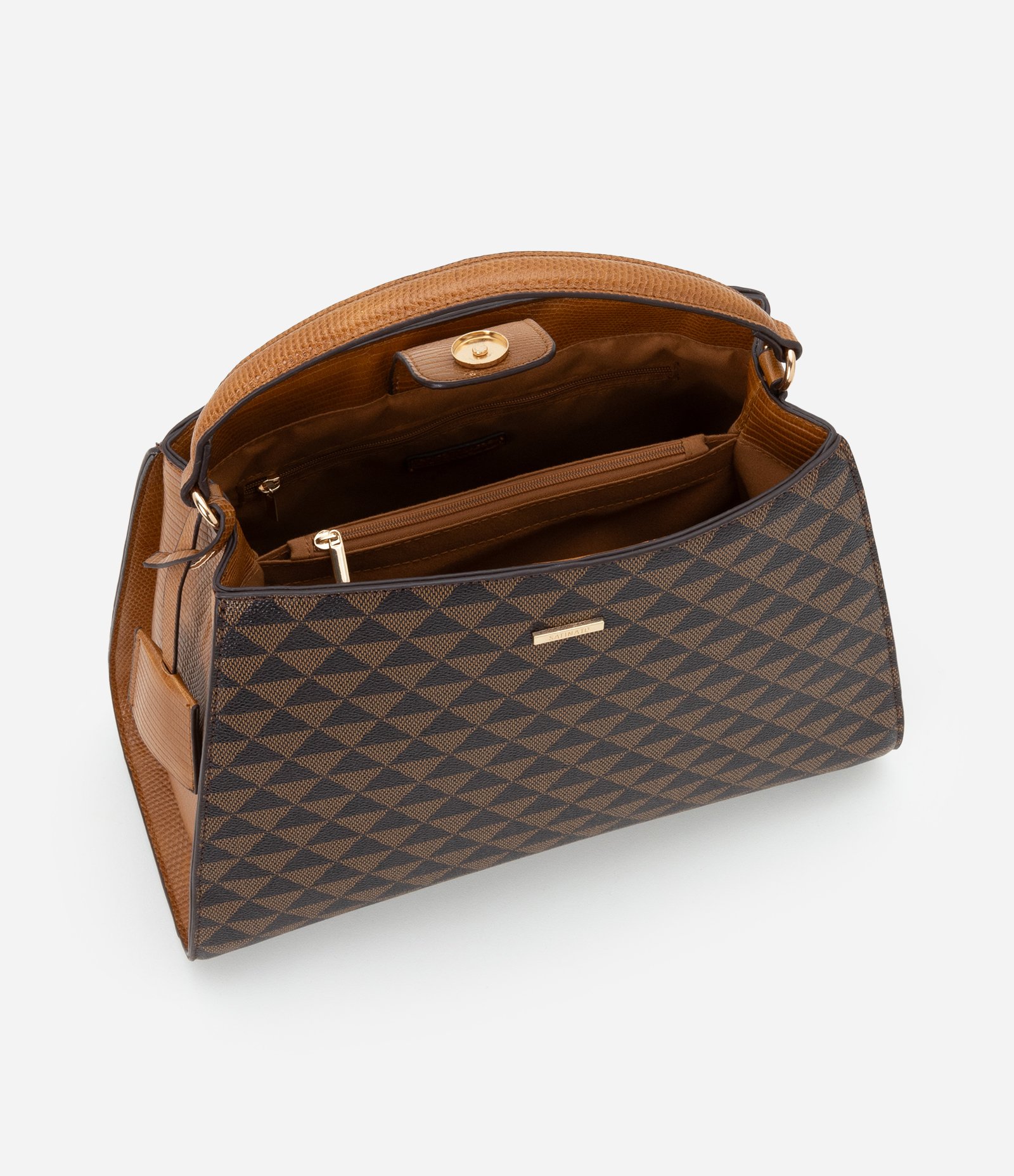Bolsa Satchel Grande em PU Estampa Triângulo com Detalhes Lezzard Marrom 4