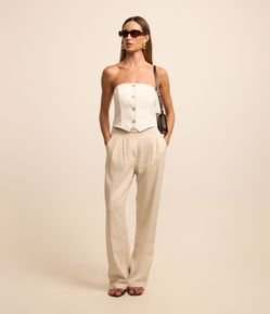 Calça Reta em Viscose e Linho com Pregas
