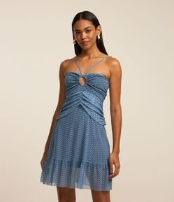 Vestido Curto em Tule com Alça Fina e Franzidos