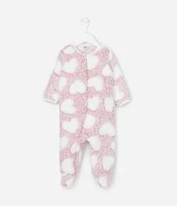 Macacão Infantil em Fleece com Estampa de Corações - Tam 0 a 24 meses