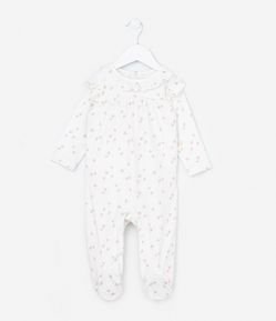 Macacão Infantil em Plush com Estampa Floral e Pé Fechado - Tam RN a 18 meses