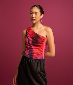 Body em Tule Estampa Abstrata com Um Ombro Só