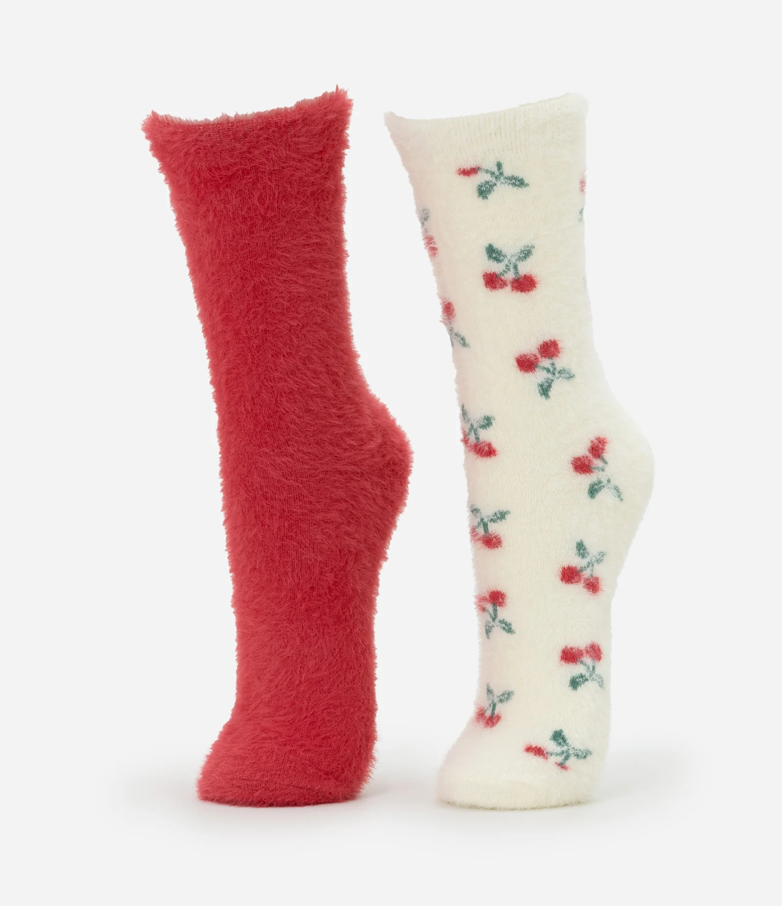 Kit 02 Meias Cano Alto com Pelinhos e Estampa de Cerejas Vermelho/Off White Vermelho/Off White 1