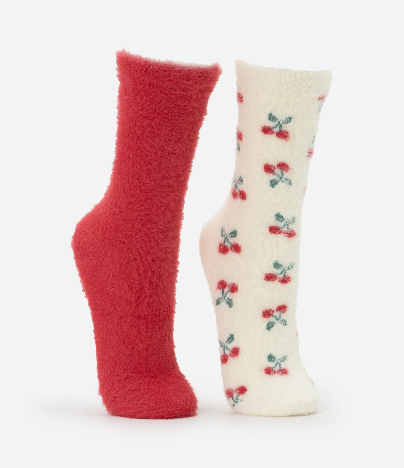 Kit 02 Meias Cano Alto com Pelinhos e Estampa de Cerejas Vermelho/Off White Vermelho/Off White 2
