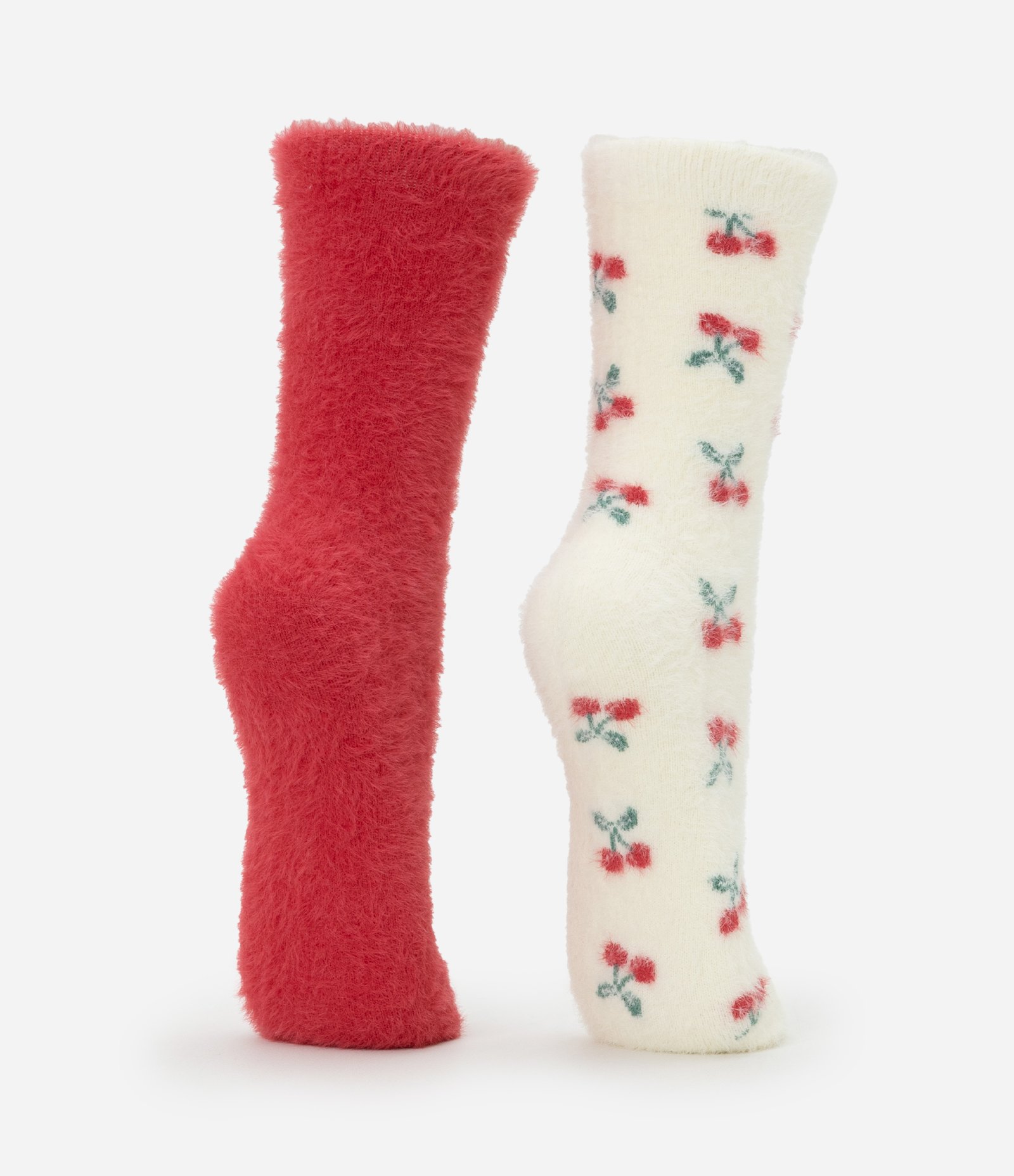 Kit 02 Meias Cano Alto com Pelinhos e Estampa de Cerejas Vermelho/Off White Vermelho/Off White 3