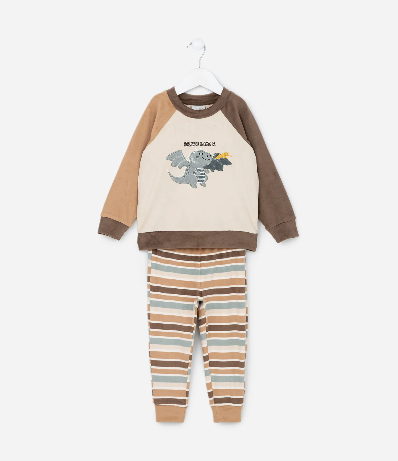 Pijama Infantil em Plush com Estampa Dragão - Tam 2 a 4 Anos Marrom/Bege 1
