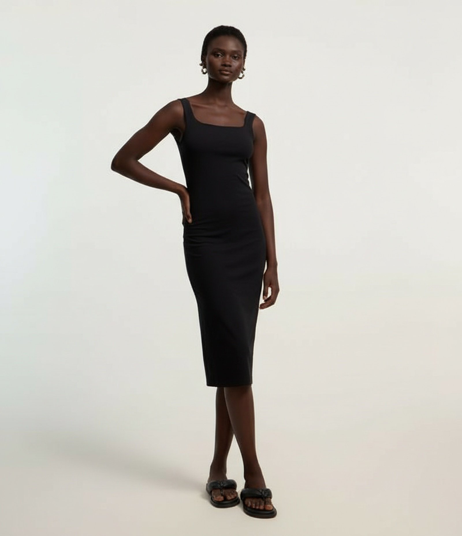 Vestido Midi em Algodão com Decote Quadrado Preto 4