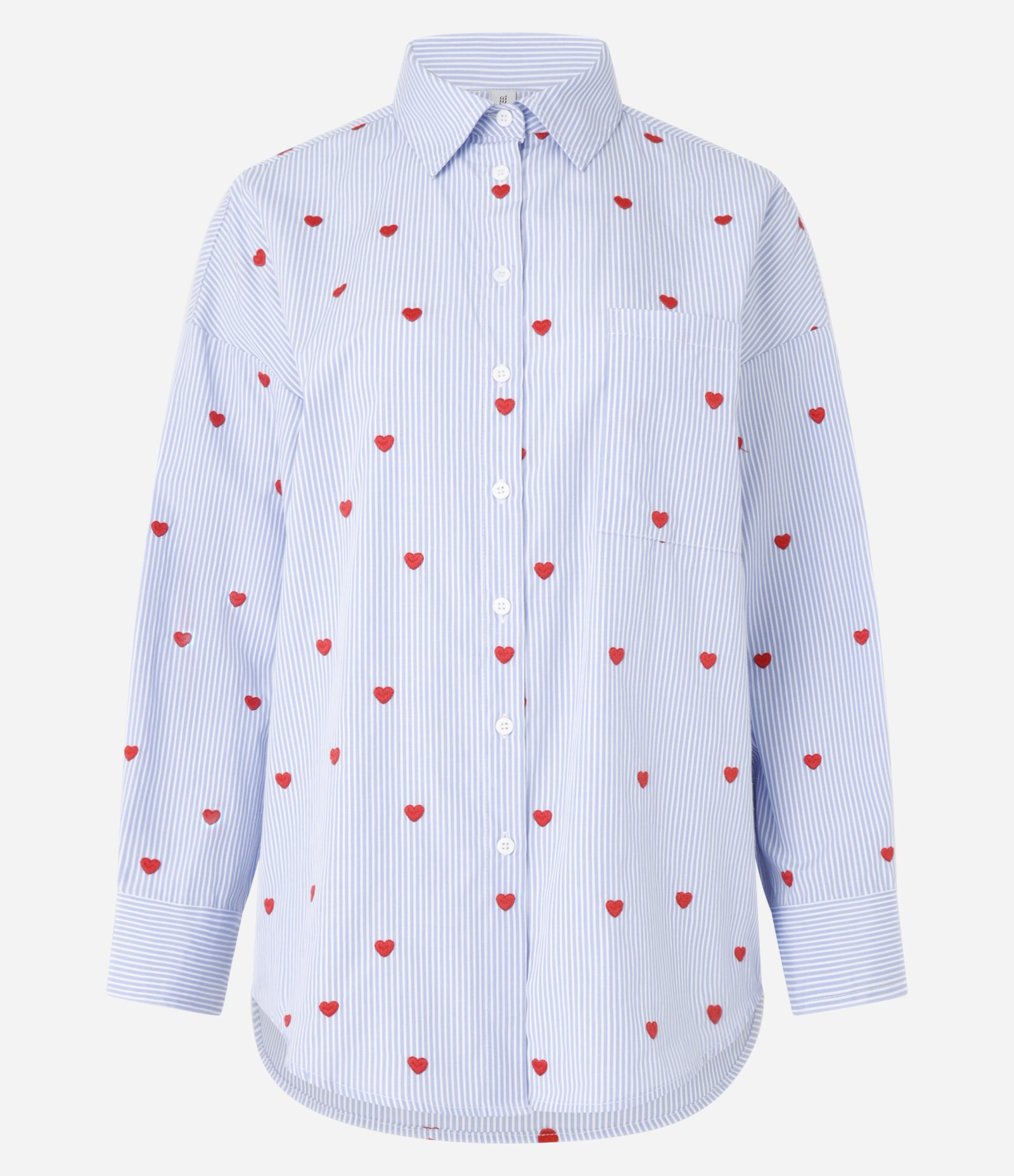 Camisa Alongada em Tricoline com Listras e Bordado de Coraçõezinhos Azul 6