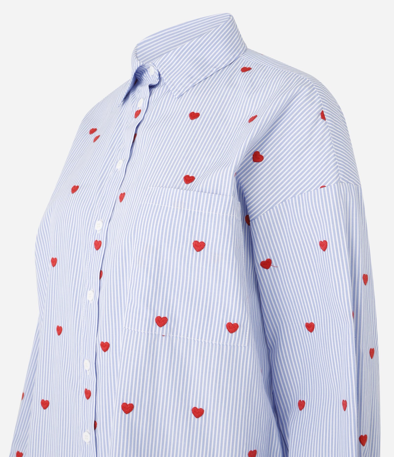 Camisa Alongada em Tricoline com Listras e Bordado de Coraçõezinhos Azul 7