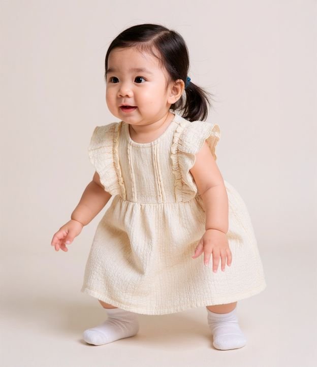 Vestido Infantil com Textura Babado e Calcinha - Tam 0 a 18 meses