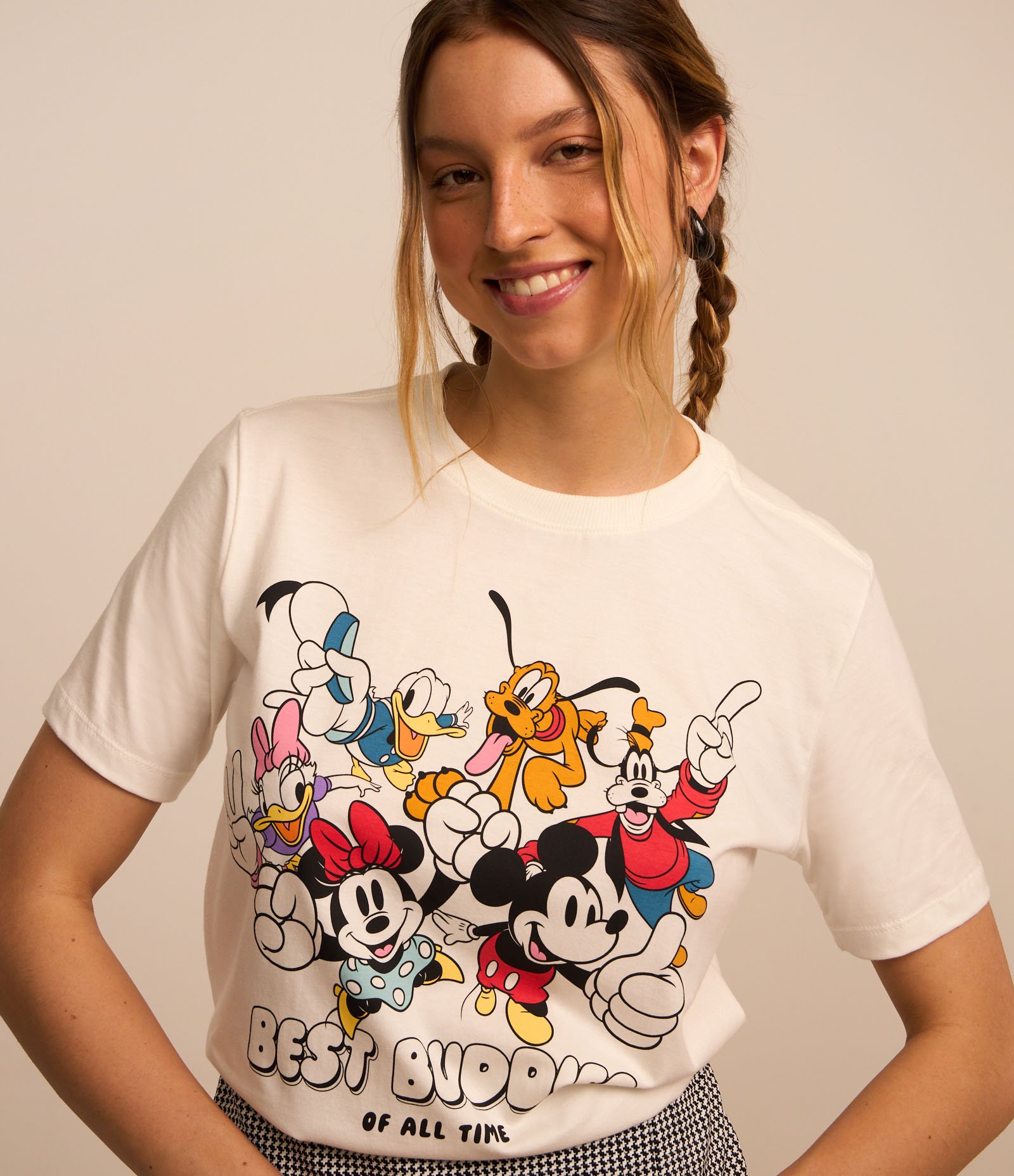 Camiseta Alongada em Algodão com Estampa Mickey Best Buddies Branco 1