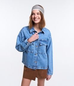 Jaqueta Box Jeans com Abotoamento e Bolsos Lapela