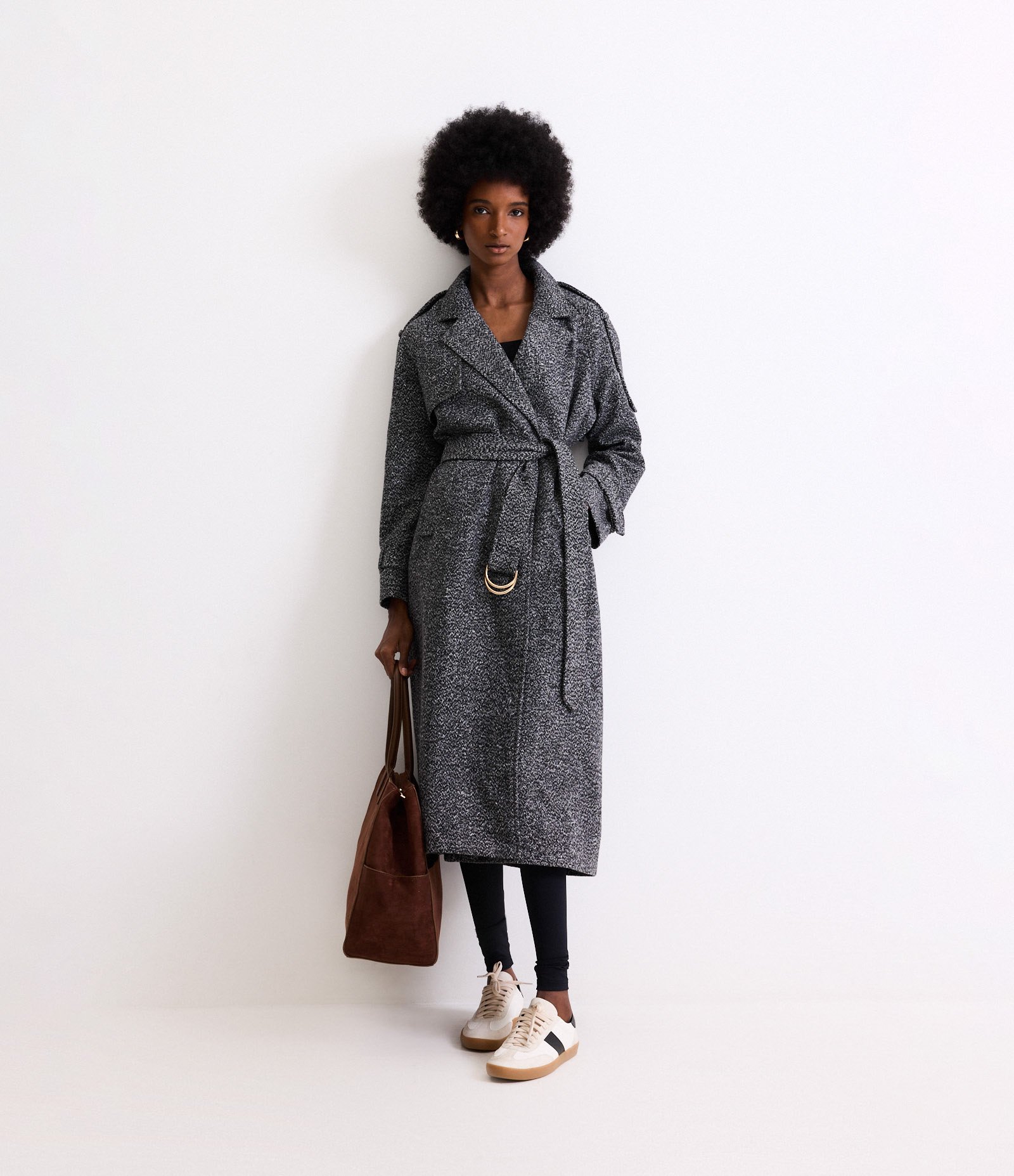 Casaco Alongado em Tweed com Cinto Fivela Preto/ Cinza 1