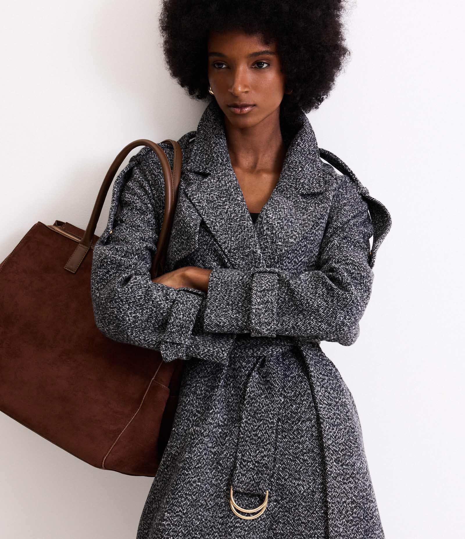 Casaco Alongado em Tweed com Cinto Fivela Preto/ Cinza 2