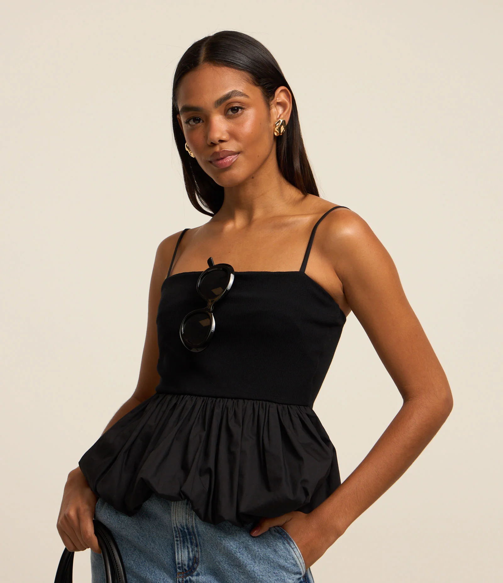 Blusa de Alça em Ribana com Barra Balonê Preto 1