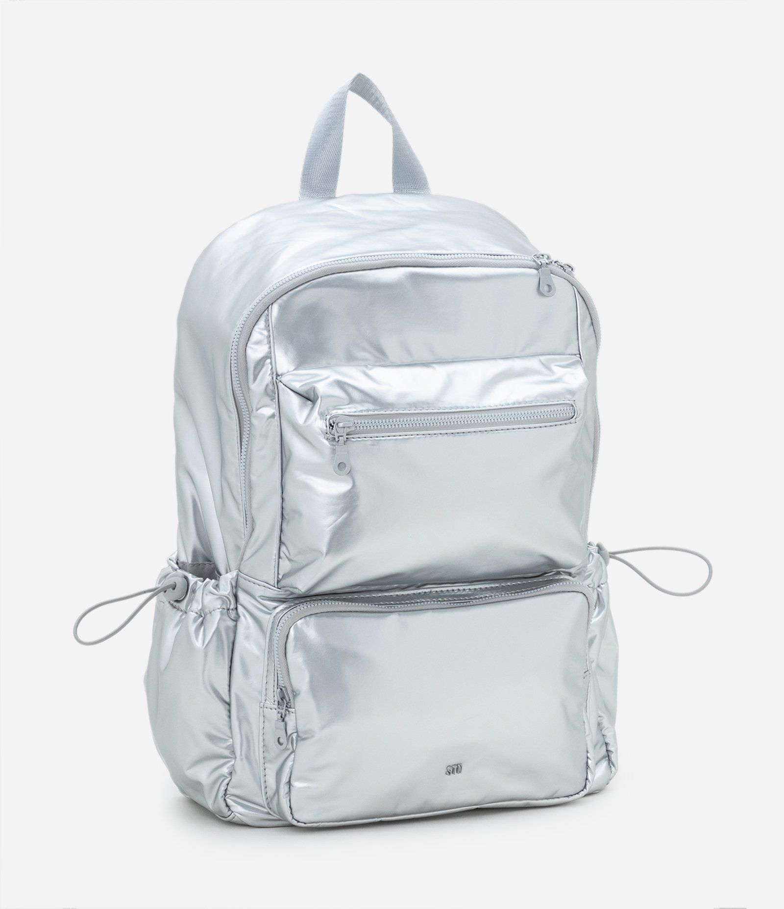 Mochila em PU Metalizado com Bolsos Frontais e Laterais Prata 1