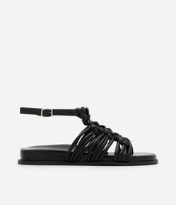 Sandália Rasteira em PU com Cabedal Macramê