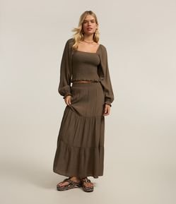 Saia New Midi em Crepe com Babado e Cós Elástico