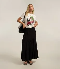 Saia New Midi em Crepe com Babado e Cós Elástico